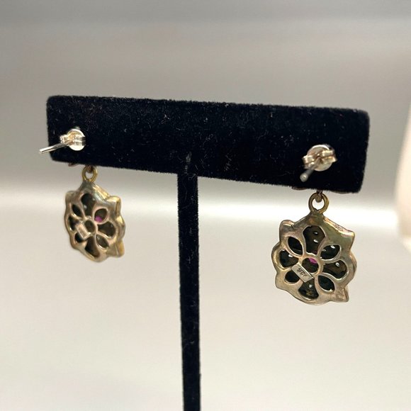 Turkish Sterling Silver Genuine Ruby Simulated White Topaz Dangle Earrings EUC - Picture 3 of 11